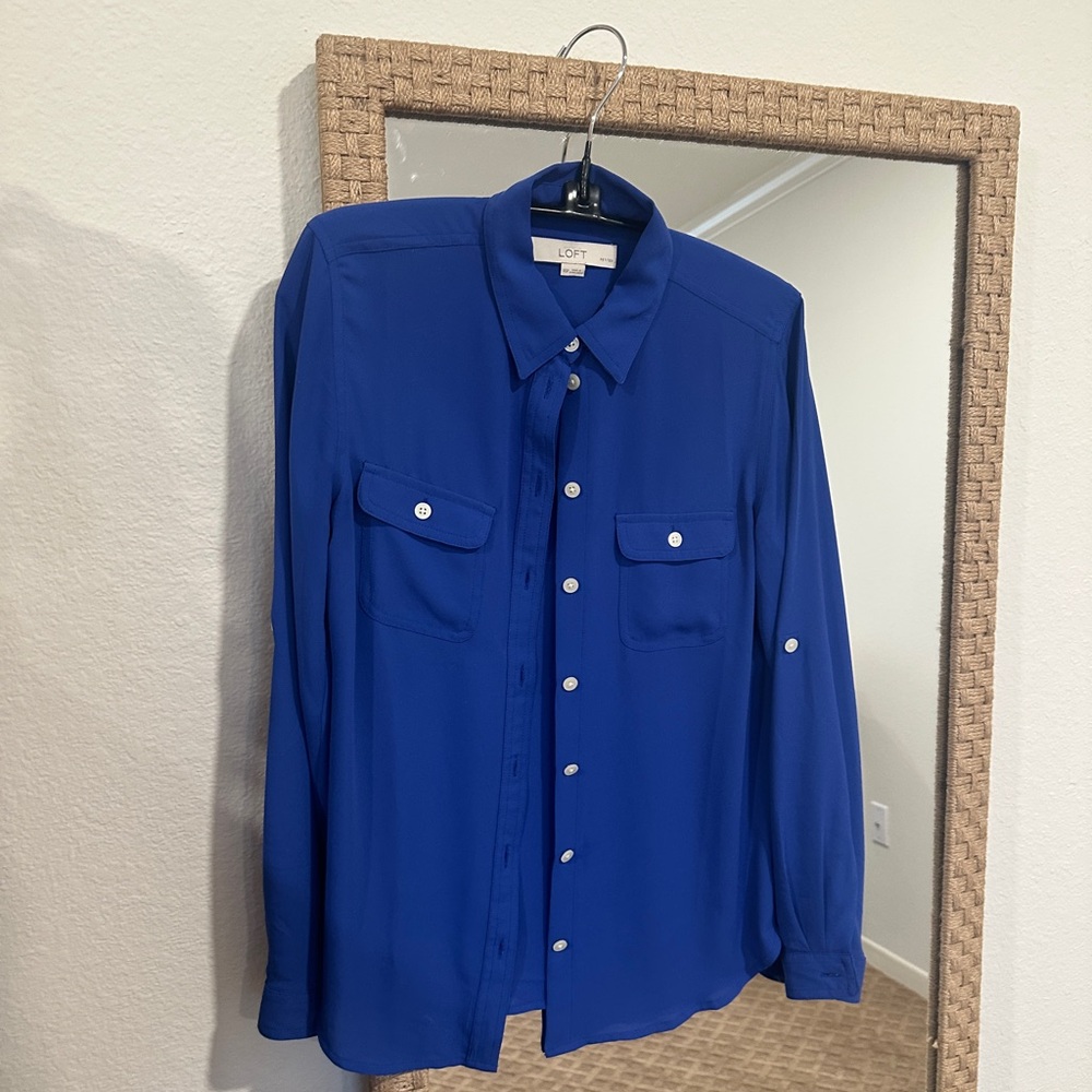 LOFT Royal Blue Silk Button-Down Blouse – Petite XS
